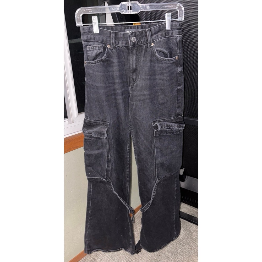 Zara Women's Black Straight Wide Leg Mid Rise Baggy Cargo Denim Jeans Pants Sz 0